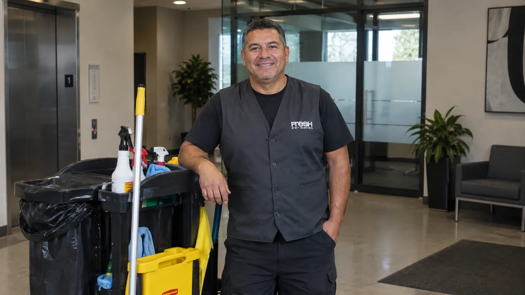 A Fresh Start Cleaners technician with a janitorial cart in an office lobby