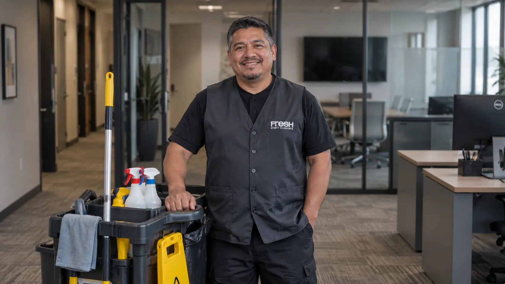 A Fresh Start Cleaners technician with a cleaning cart in a client's office